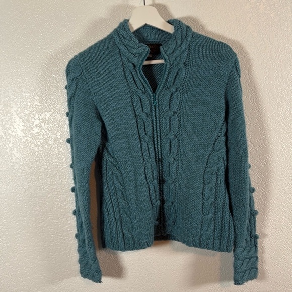 Icelandic Designs Blue Cable Knit Bauble Design Full Zip Sweater Size Small - Picture 1 of 7